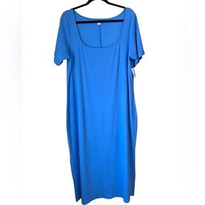 Old Navy Blue Beachy Ribbed Midi Dress Scoop Neck Short Sleeve Size 2X NWT
